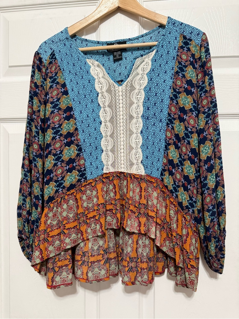 Angie Boho Patchwork Top- Blue, Orange & Cream size XL INDIA